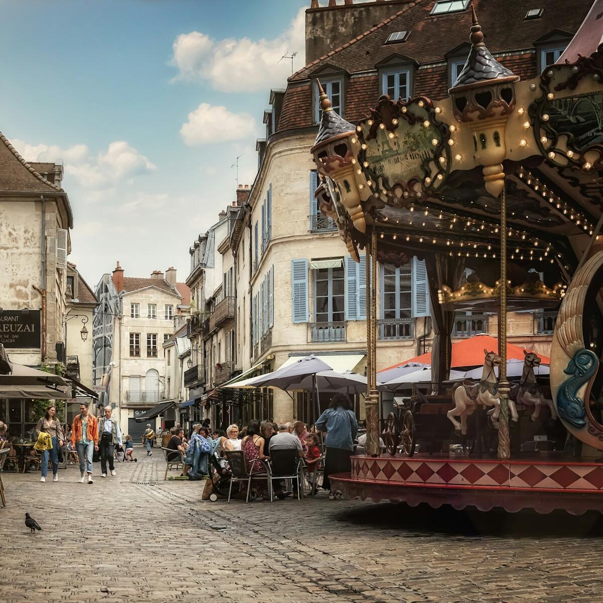 A cobblestone street in the medieval city of Dijon, France