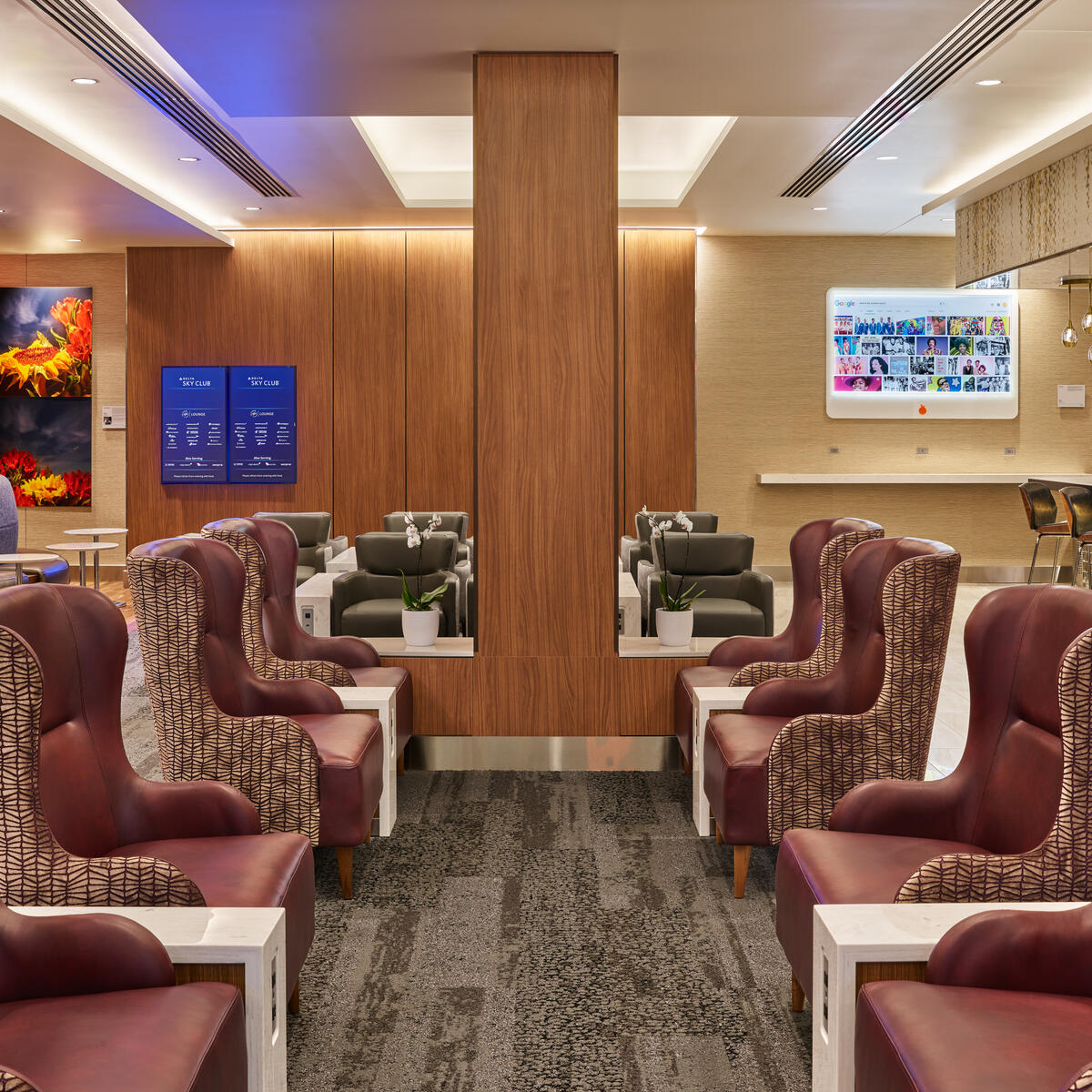 Some of the seating in the Delta Sky Club at Detroit Metropolitan Airport