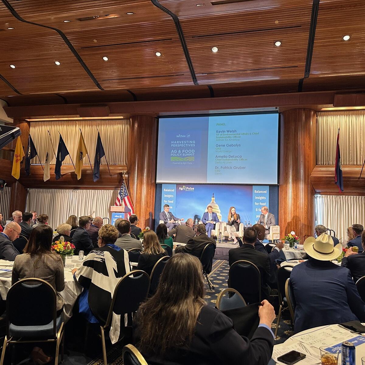 Delta Chief Sustainability Officer Amelia DeLuca speaking at the 2024 Food & Ag Policy Summit about the importance of bringing together players across agriculture, fuel, aviation and government to scale the Sustainable Aviation Fuel market.