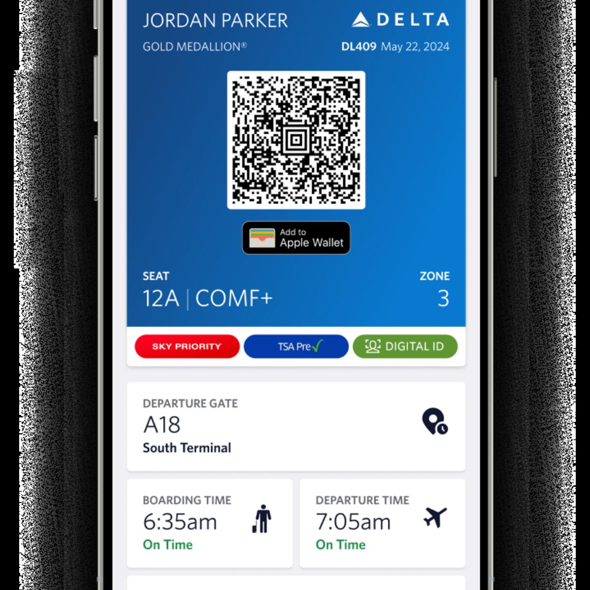 A boarding pass shown in the Fly Delta app