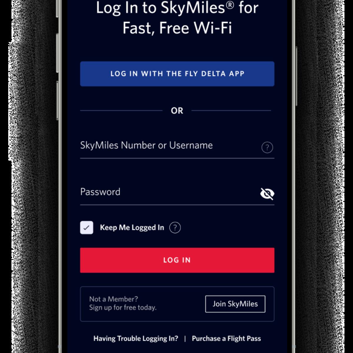 The log-in page on a mobile phone for Delta's fast, free Wi-Fi.