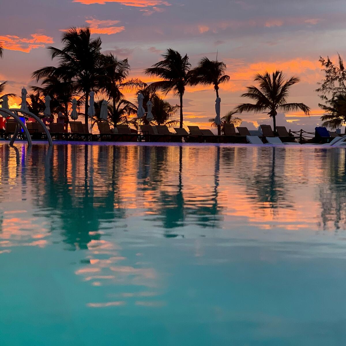 Coconut trees and a pool against a sunrise in Turks and Caicos