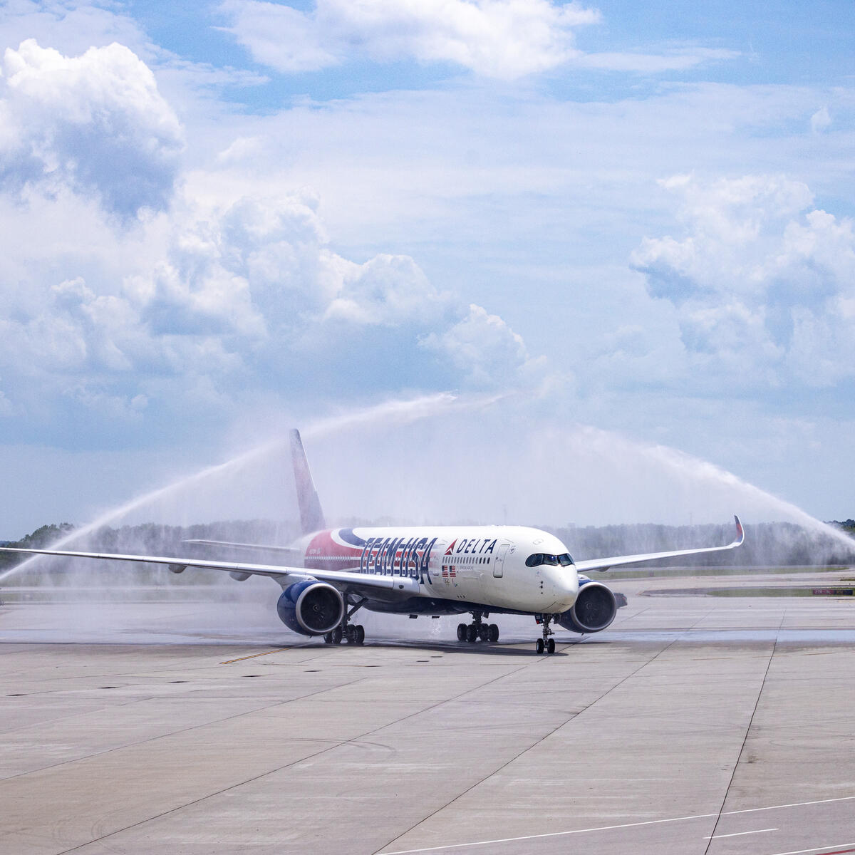 A water cannon welcomes Delta's Team USA plane back to Atlanta, Georgia.