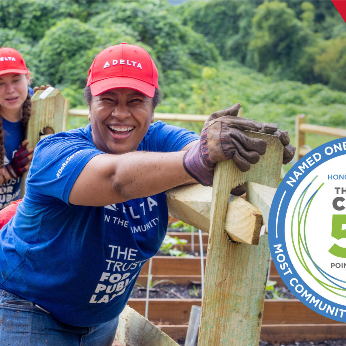 A Points of Light Civic 50 logo against a photo of Delta people volunteering