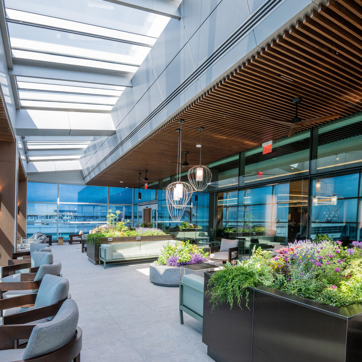 Guests at The Delta Lounge-JFK can enjoy views of the airfield from the Terrace, replete with regional, seasonally updated plants.