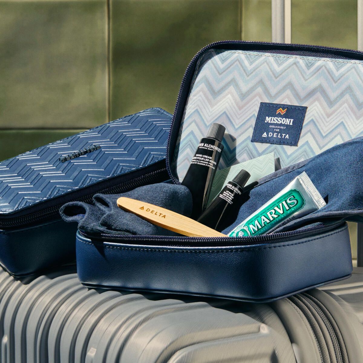 A product shot of the news Missoni amenity kits coming to all Delta One flights in September.