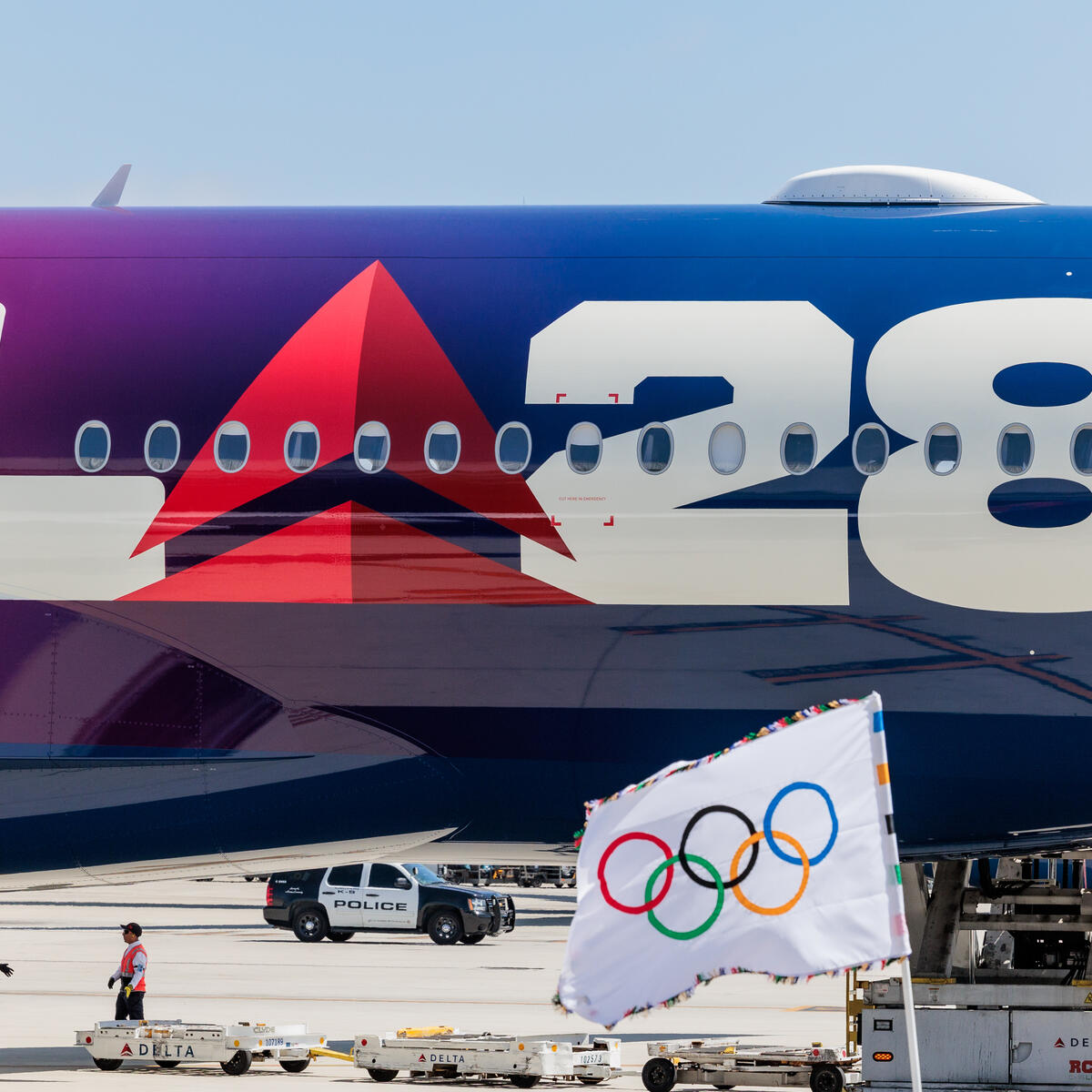 Delta's custom A350 aircraft with its LA28 livery also proudly touts the Delta x LA28 integrated emblem – the first in the Olympic and Paralympic Movement history – which uses the airline’s iconic widget to replace the “A” in the logo.