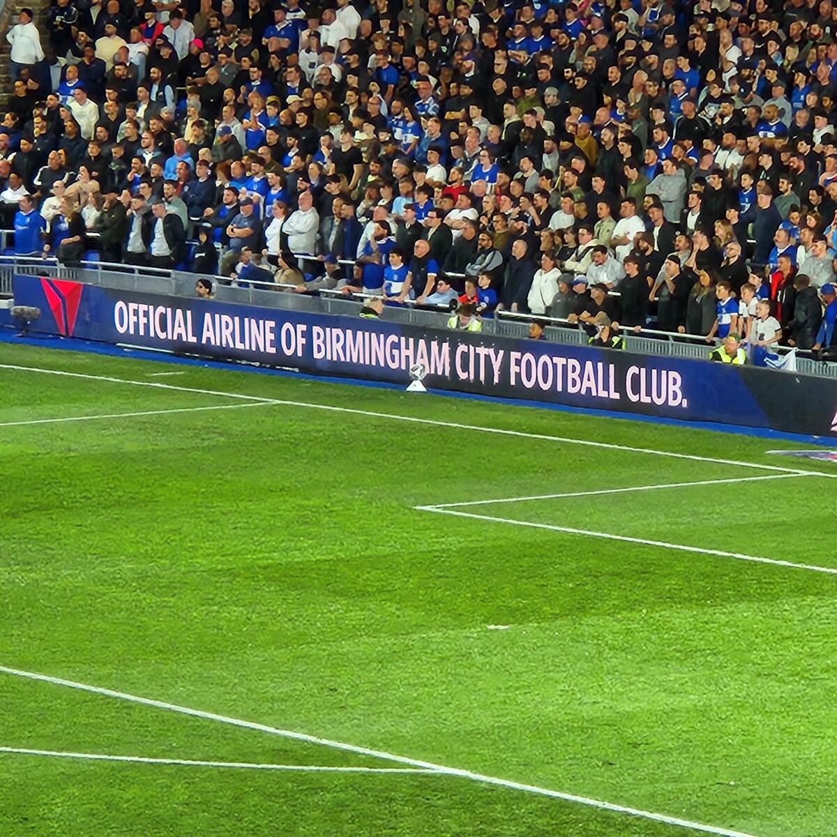 Delta branding can be seen on the sidelines during a Birmingham City Football Club game.