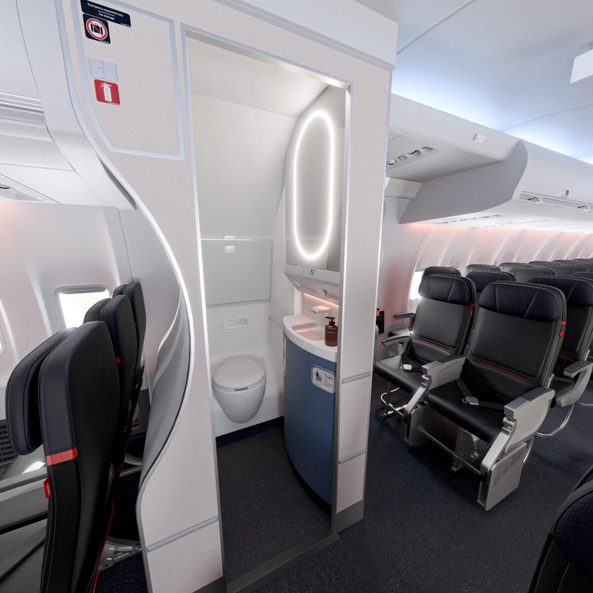 During Delta's cabin refresh, lavatories will also be refreshed with bright walls and an accent wall opposite the mirror in the Celestial Sky pattern. Cabinets in the lavatories will be in a fresh and modern Azure Blue color. The flooring is made from a smooth material with specks of color, ensuring improved cleanliness and safe traction. 