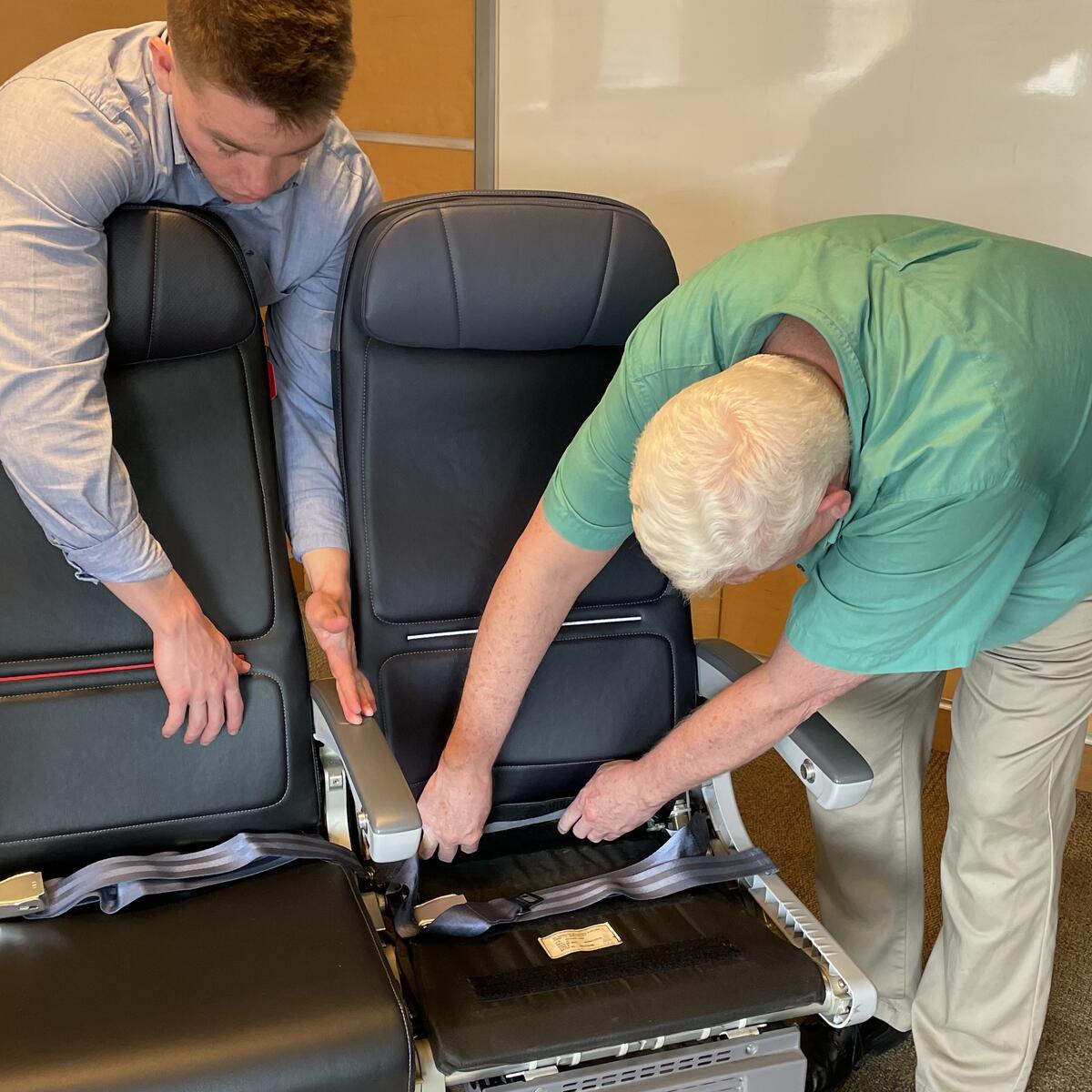 Jack Newman from the Onboard Experience team and Paul Anderson from the Cabin Engineering team attend one of our first seat cover design workshops for Delta's cabin interior redesign.