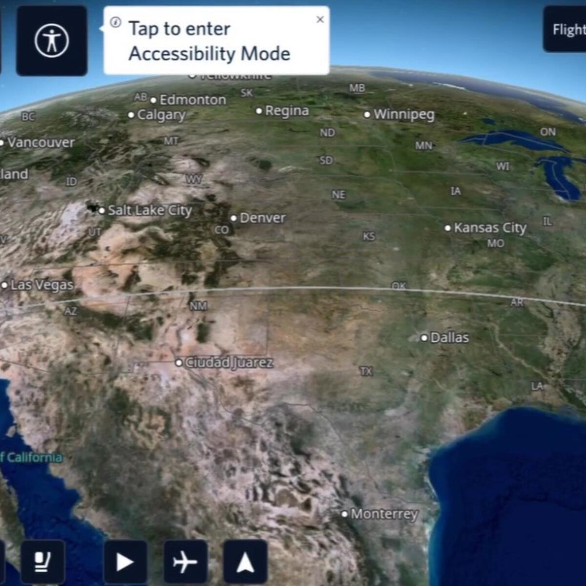 A screenshot of Delta’s new flight map with the option to enter Accessibility Mode