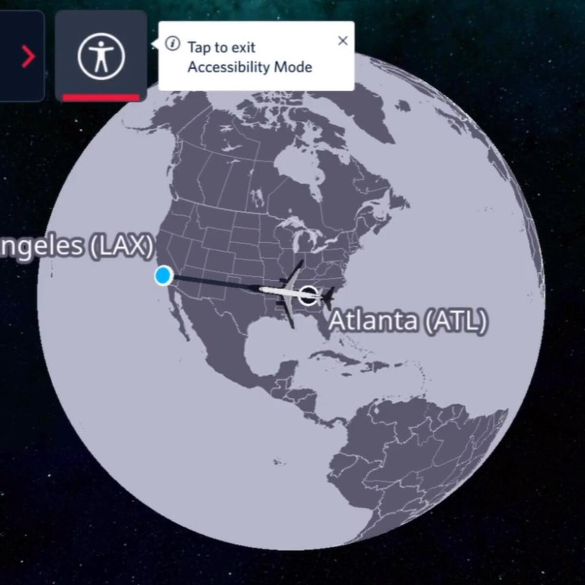 A screenshot of Delta’s new flight map in Accessibility Mode 