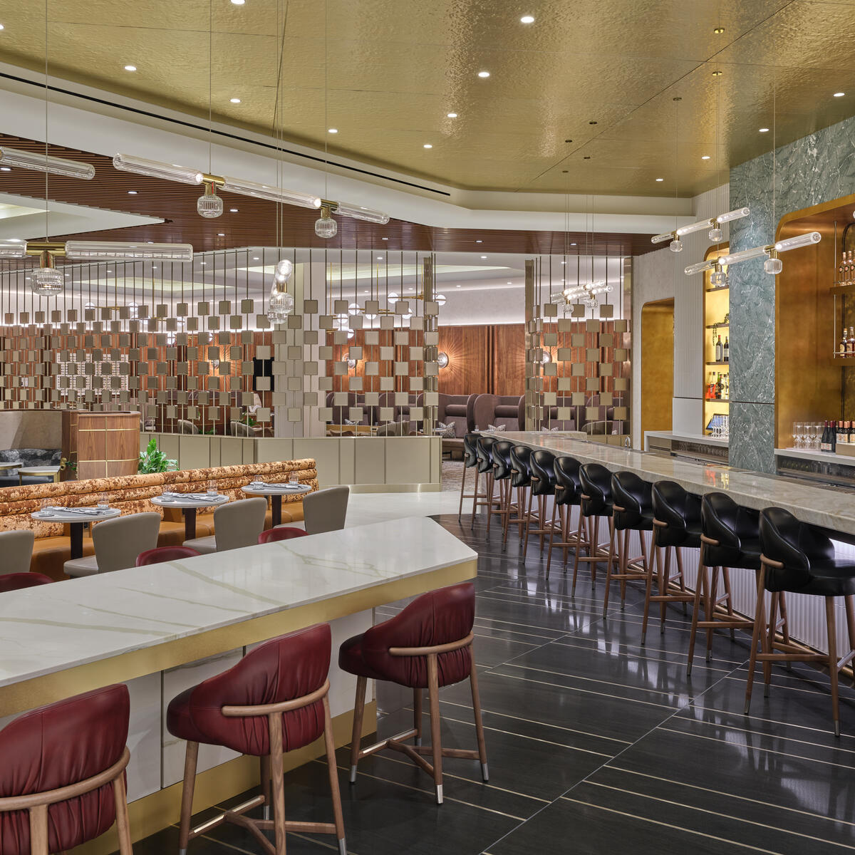 A view of the bar seats at the LAX Delta One Lounge. The entire lounge includes seating for nearly 200 guests.