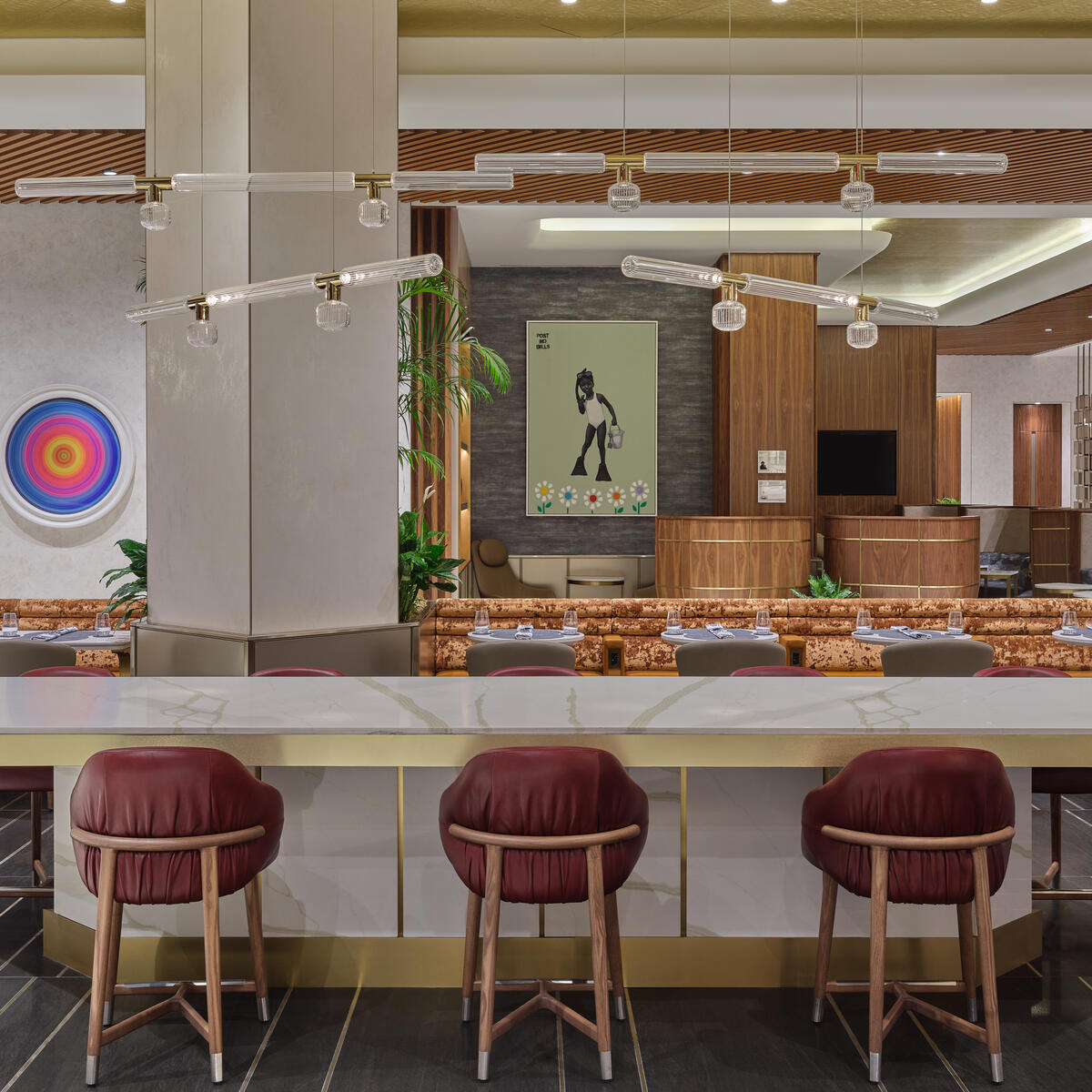 Artwork at the Delta One Lounge at LAX Lounge includes artists from the United States, Philippines, South Africa, Haiti, Japan and more, representing the global reach of this coastal hub.  