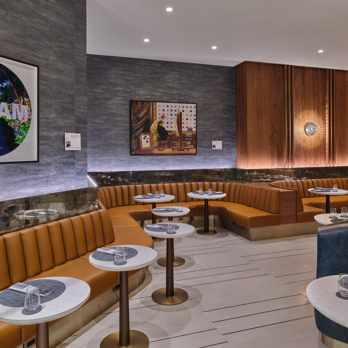 A shot of some seats in the dining room area of the LAX Delta One Lounge