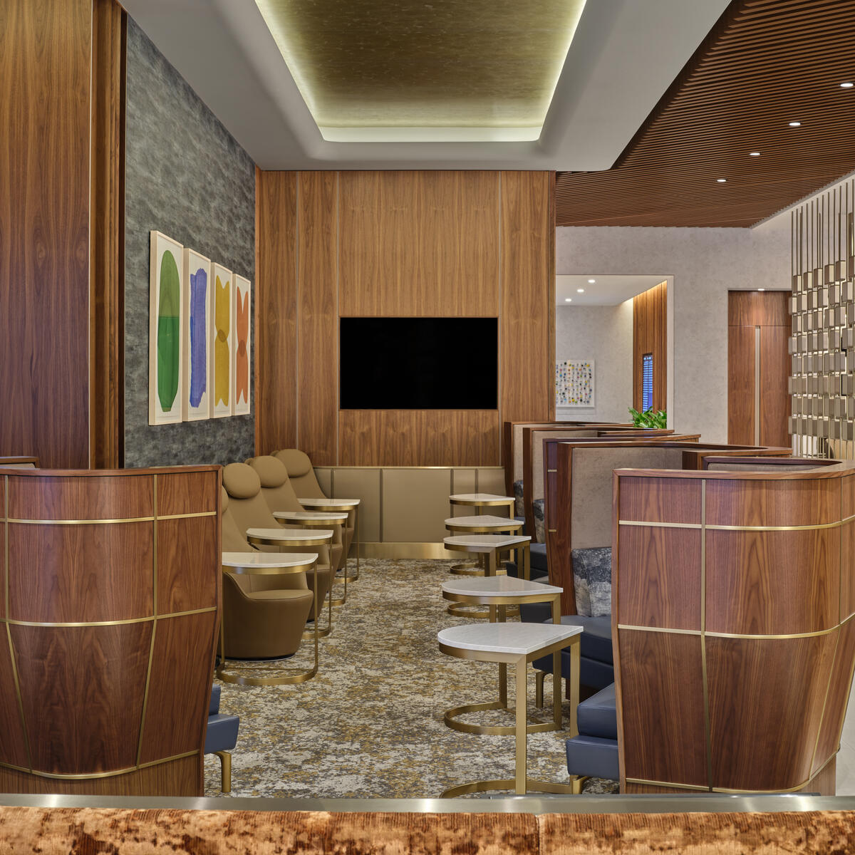 A detailed shot of some of the seating in the LAX Delta One Lounge