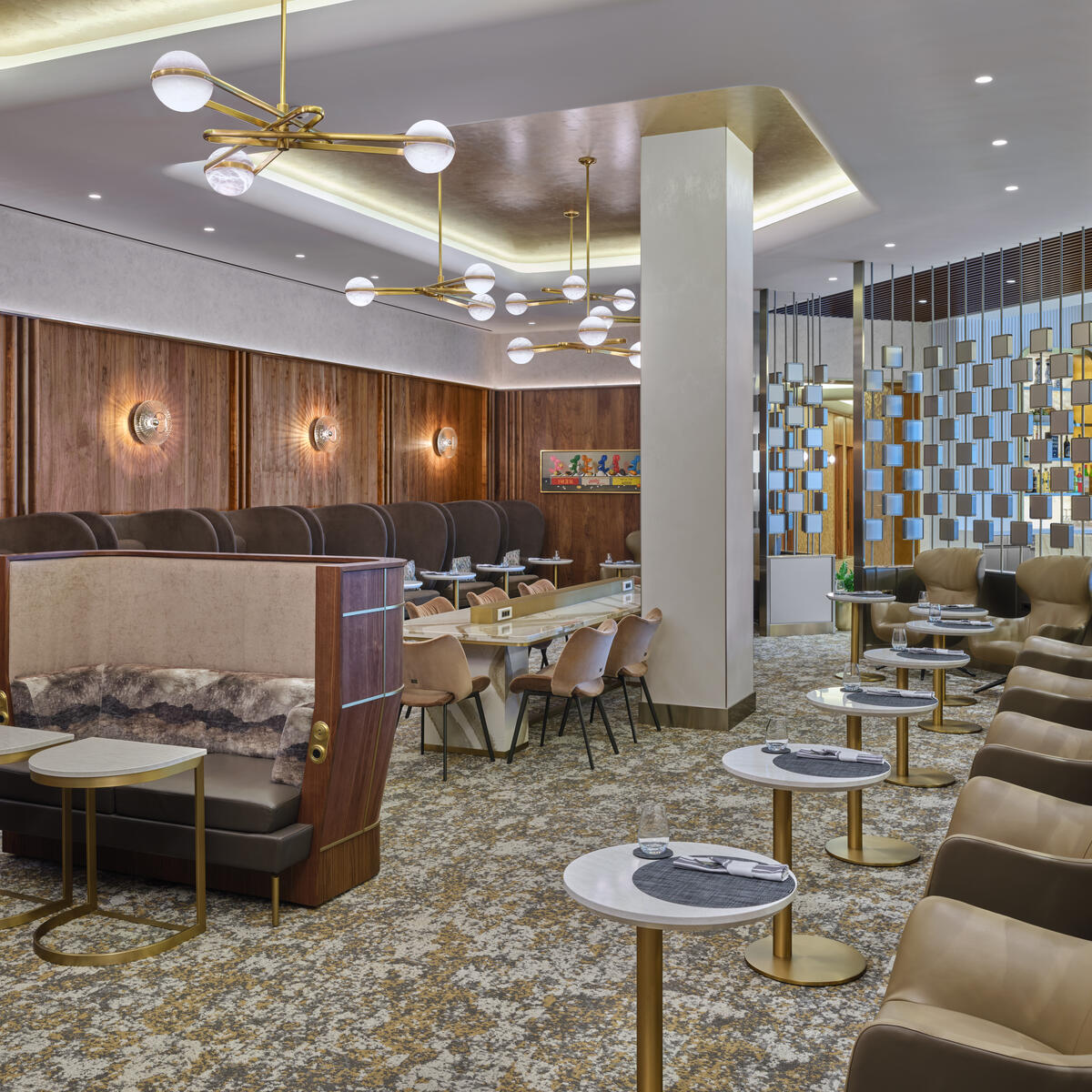 The living room seating area at the Delta One Lounge at LAX