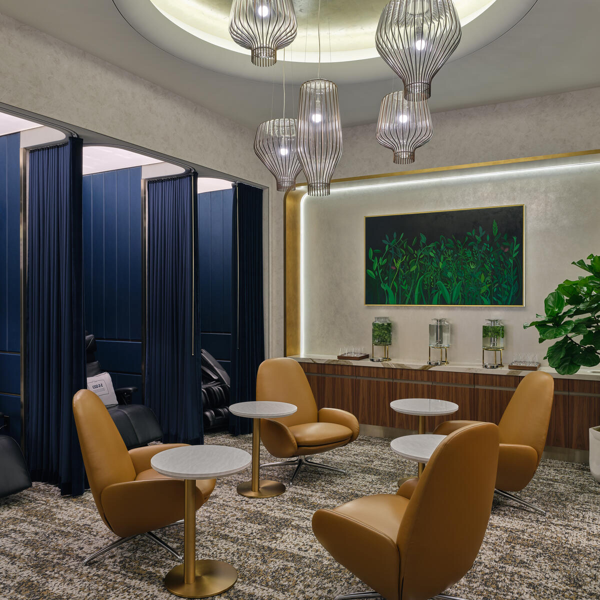 The LAX Delta One Lounge wellness room features eight private relaxation pods equipped with zero-gravity chairs and full-body massage chairs.  