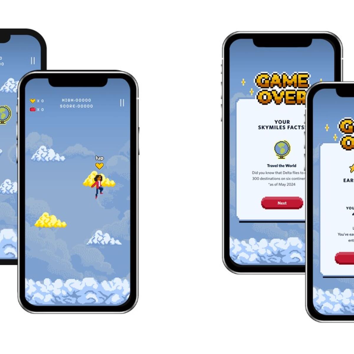 The game screens for Delta's new Sky Hopper game, available onboard for Delta SkyMiles Members through Delta Sync Wi-Fi.