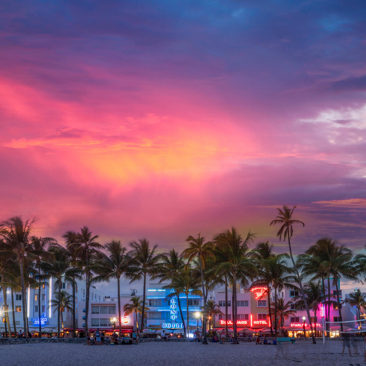 A sunset view of South Beach, Miami, complemented with neon signage and palm trees.