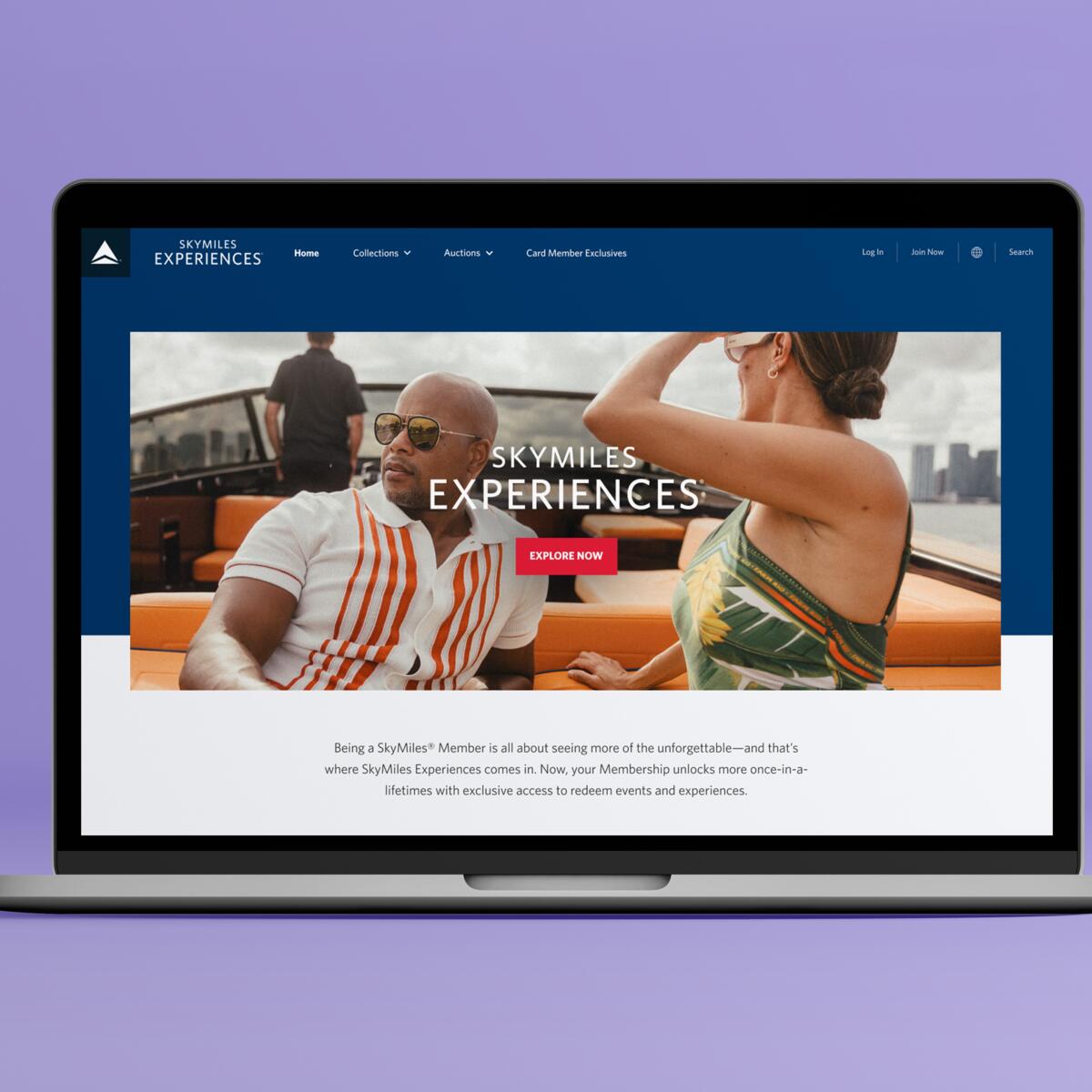 A mockup of what the updated SkyMiles Experiences platform looks like on a laptop.