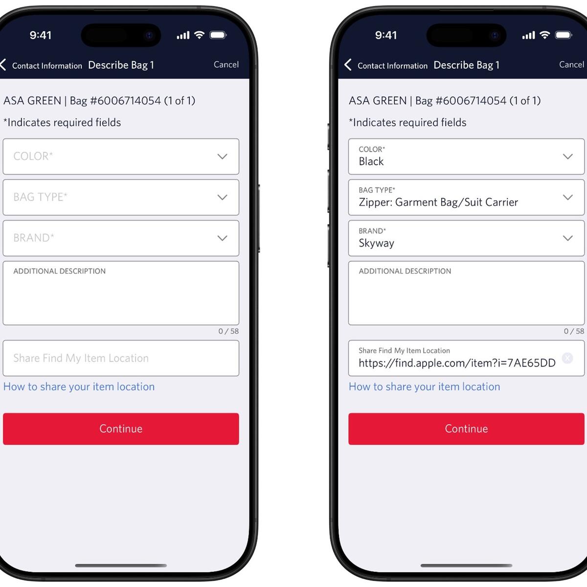 iPhone screens showing fields to generate a Share Item Location link