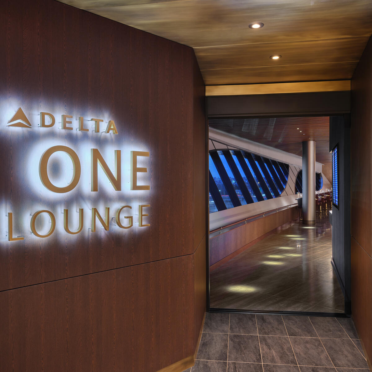 The entrance to the Delta One Lounge at Boston