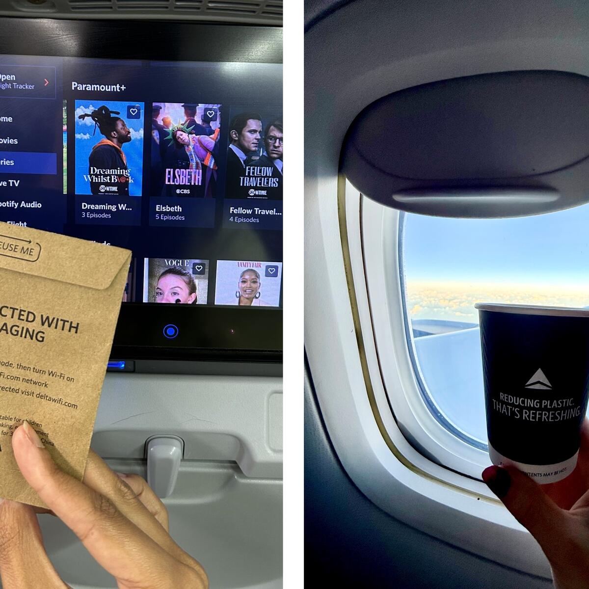 Images of Delta's sustainable onboard products - kraft paper earbud packaging and new paper cup.