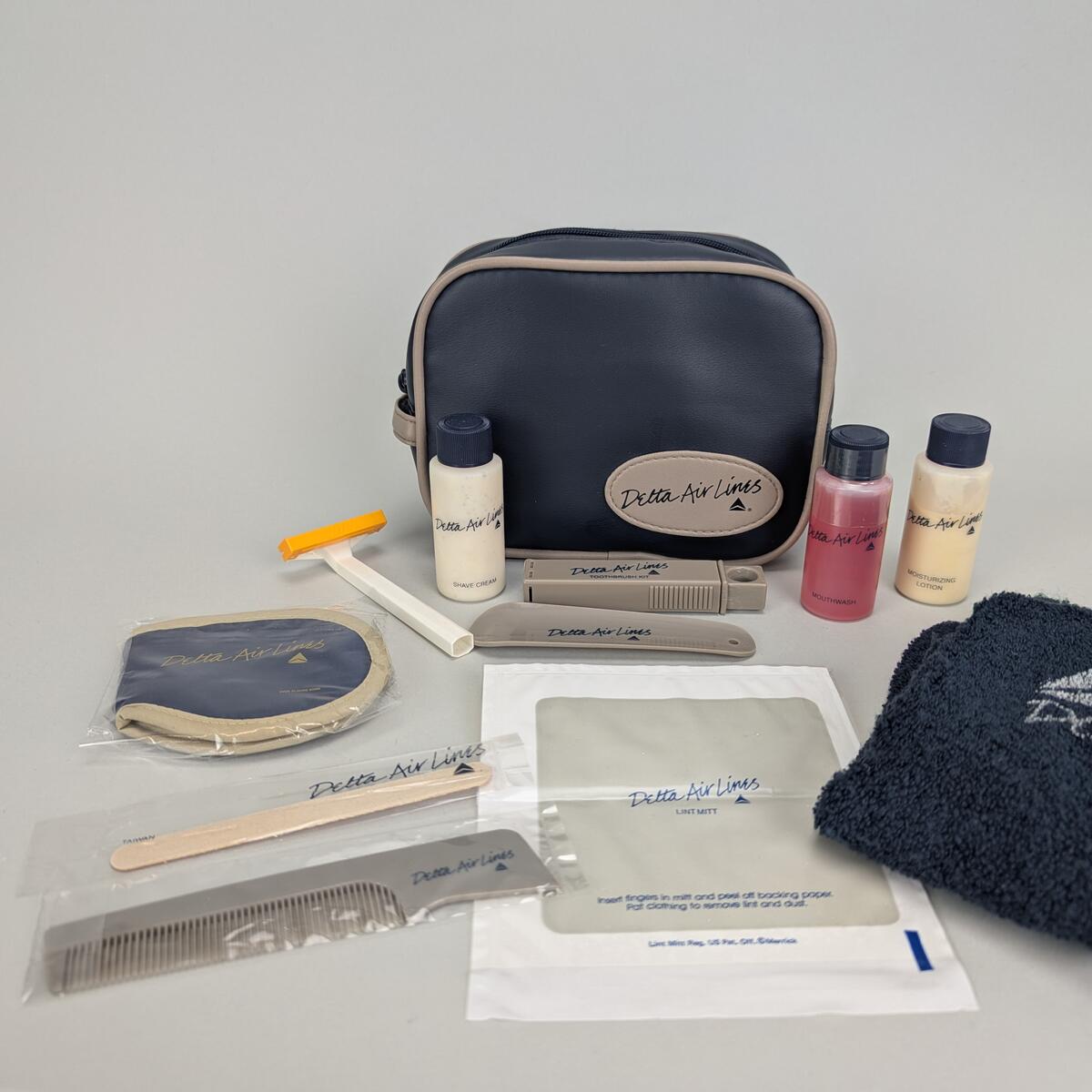 A Delta amenity kit from 1985 and its contents