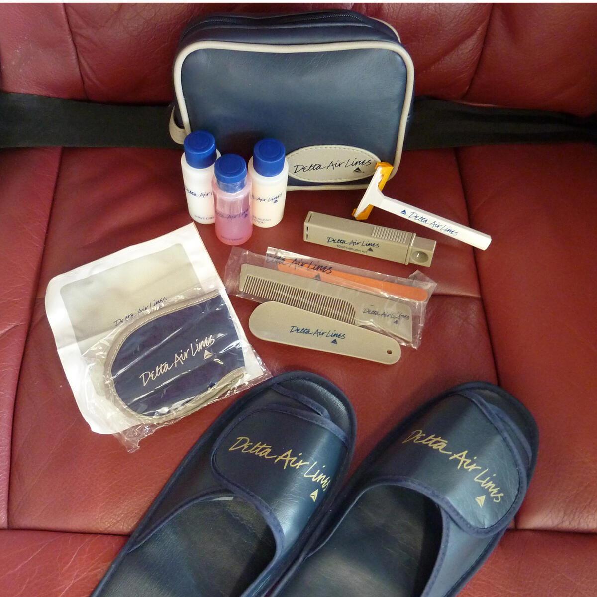 A Delta amenity kit from 1987 and its contents