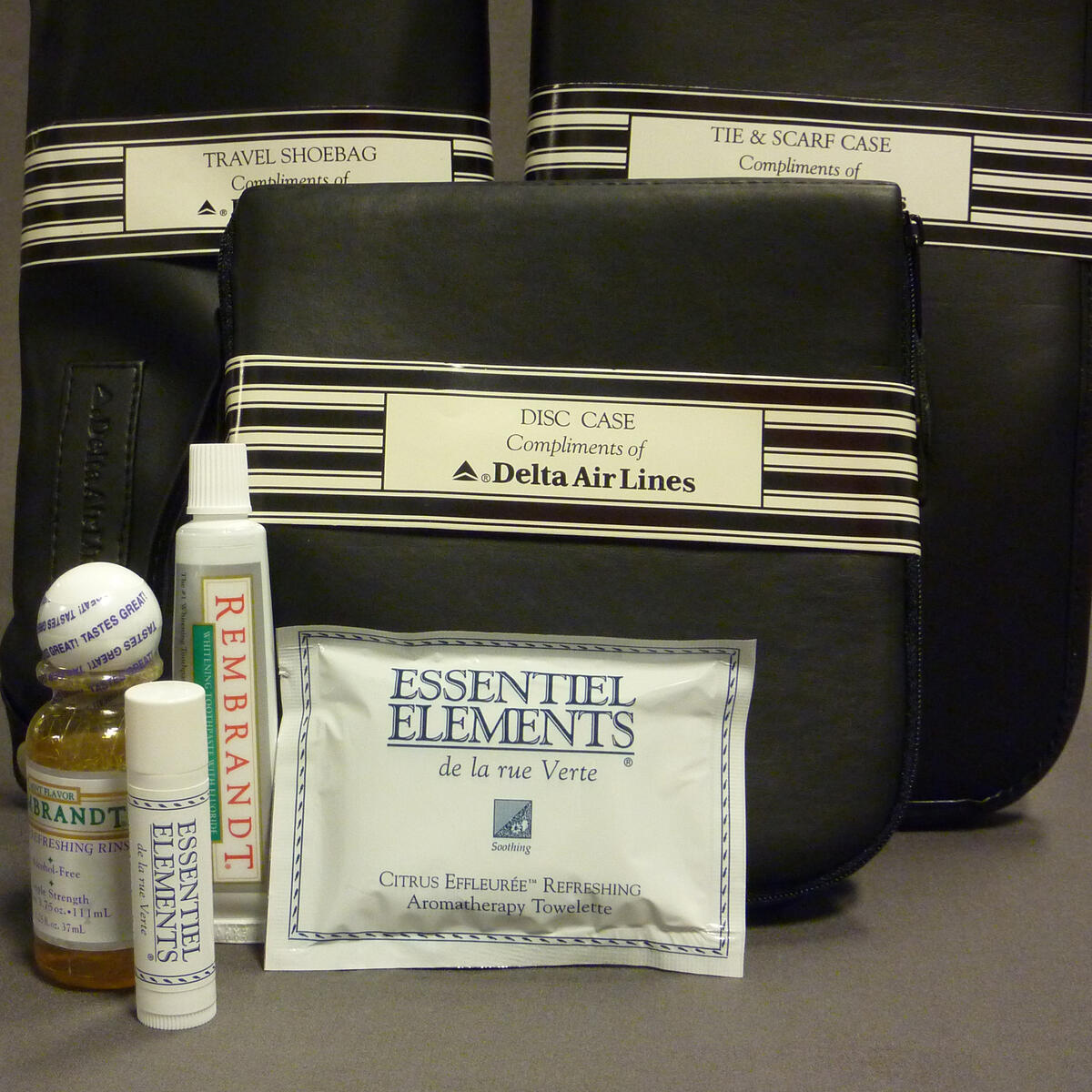 A Delta amenity kit from 1995 and its contents