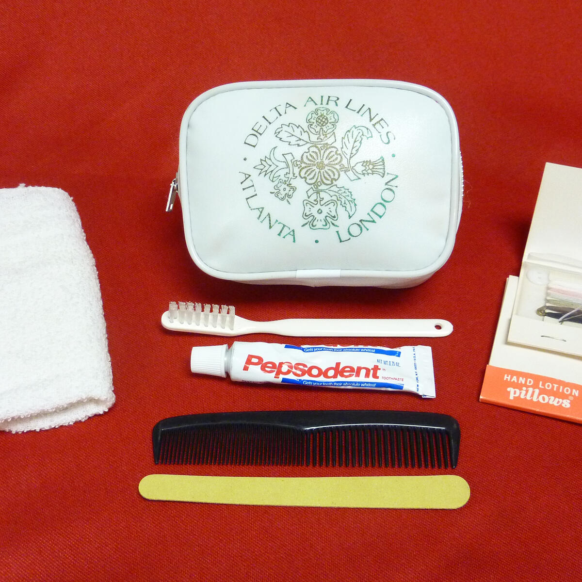 Delta's first amenity kit from 1978 and its contents
