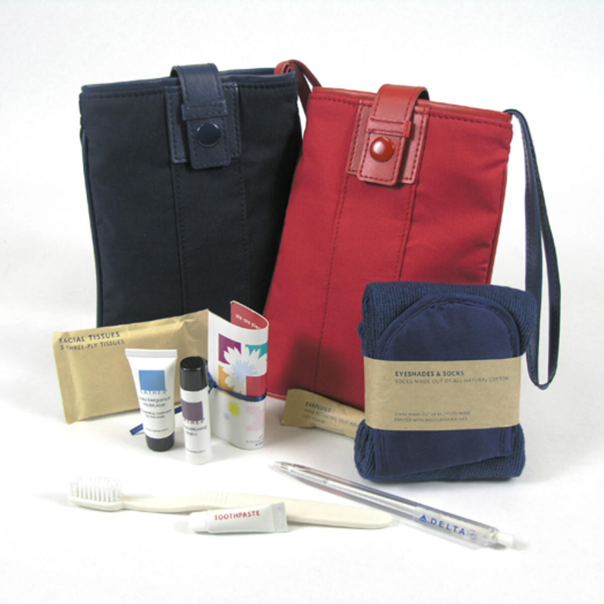 A Delta amenity kit from 2007 and its contents
