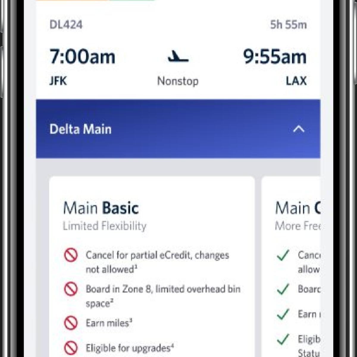 Example screenshot of Delta app showing Basic level of Main service