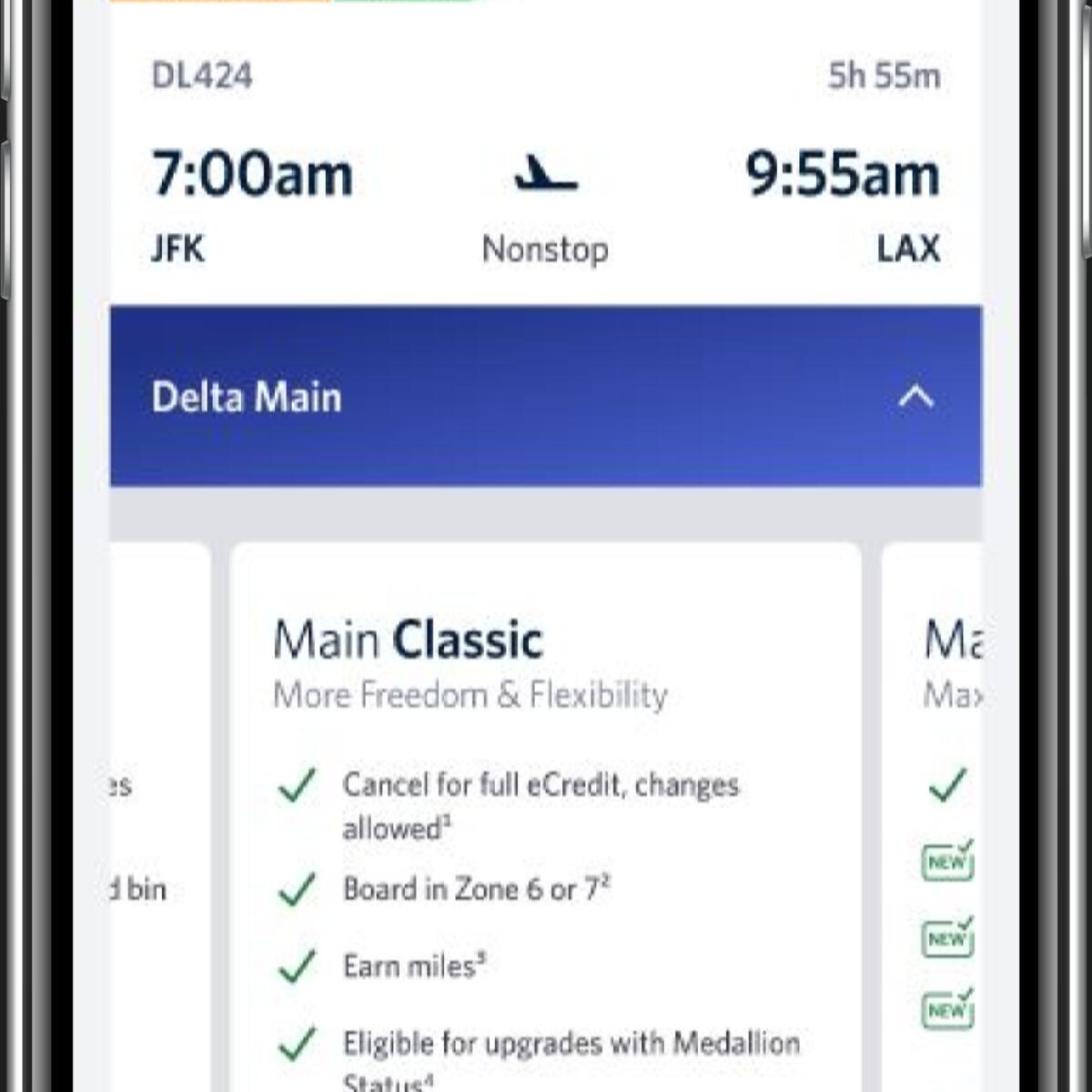 Example screenshot of Delta app showing Classic level of Main service