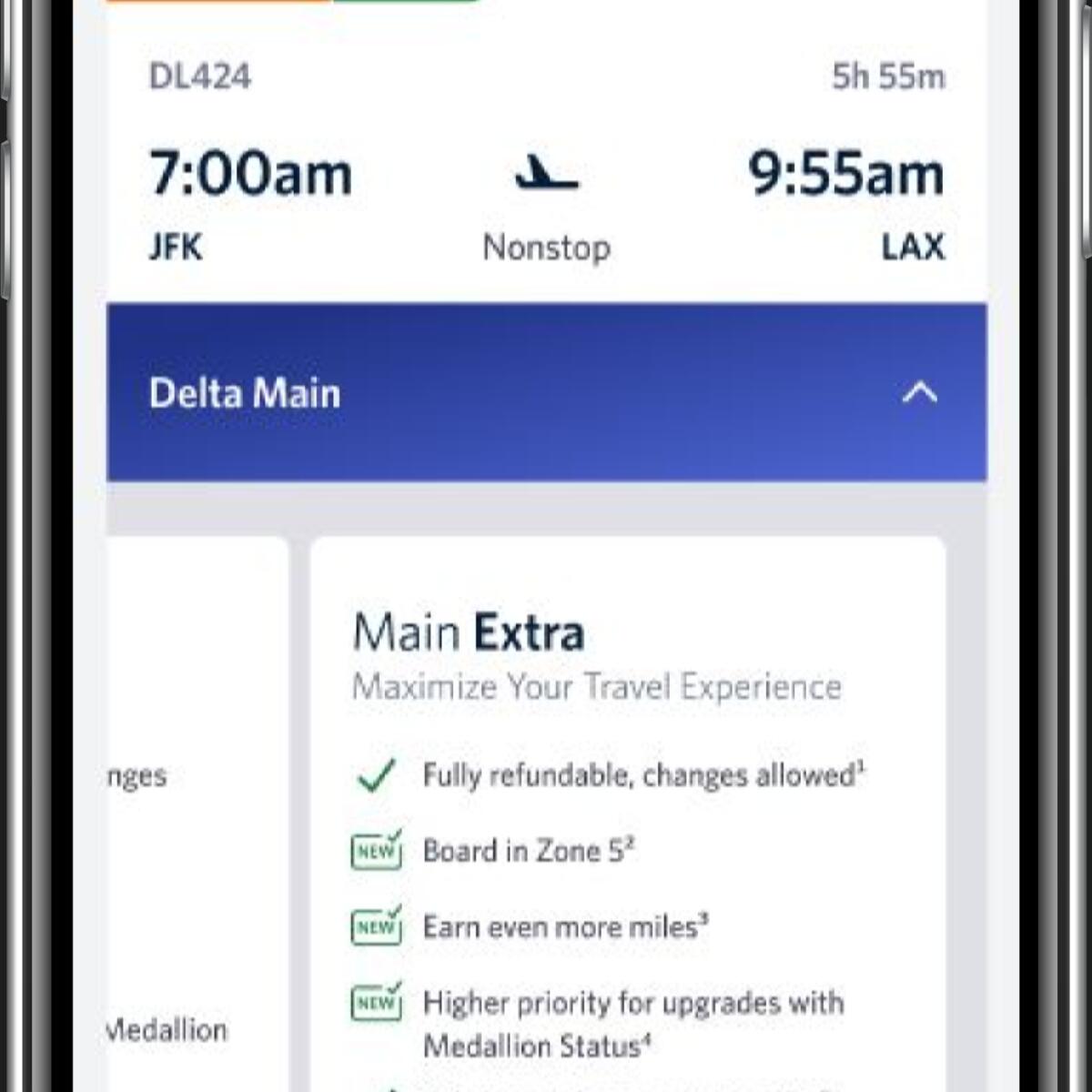 Example screenshot of Delta app showing Extra level of Main service