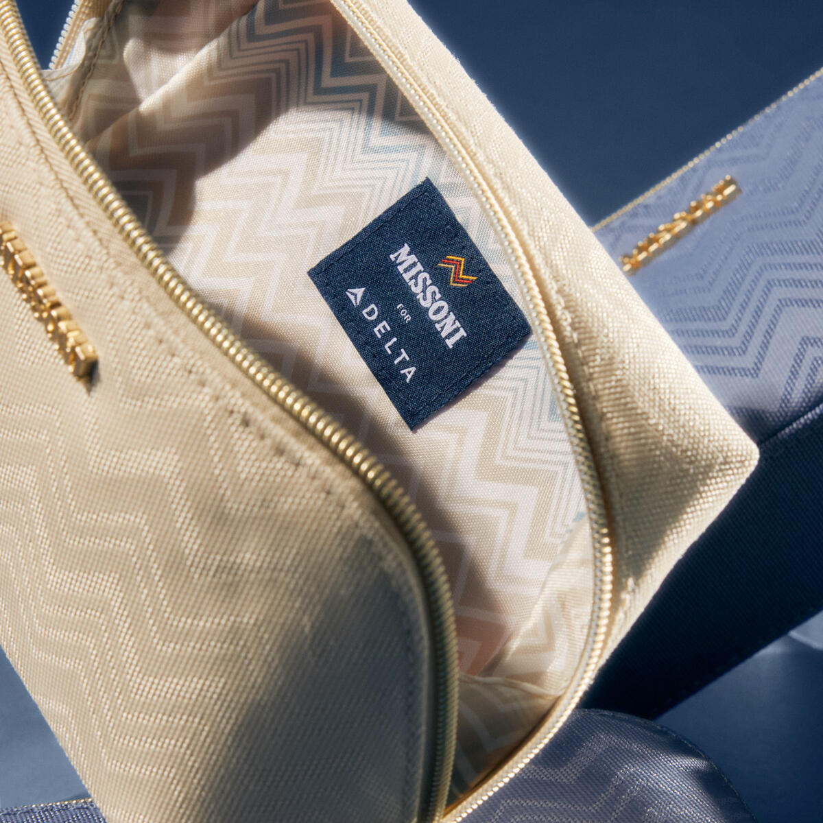 A detail shot of the zig-zag pattern on the Delta x Missoni Delta One amenity kits.