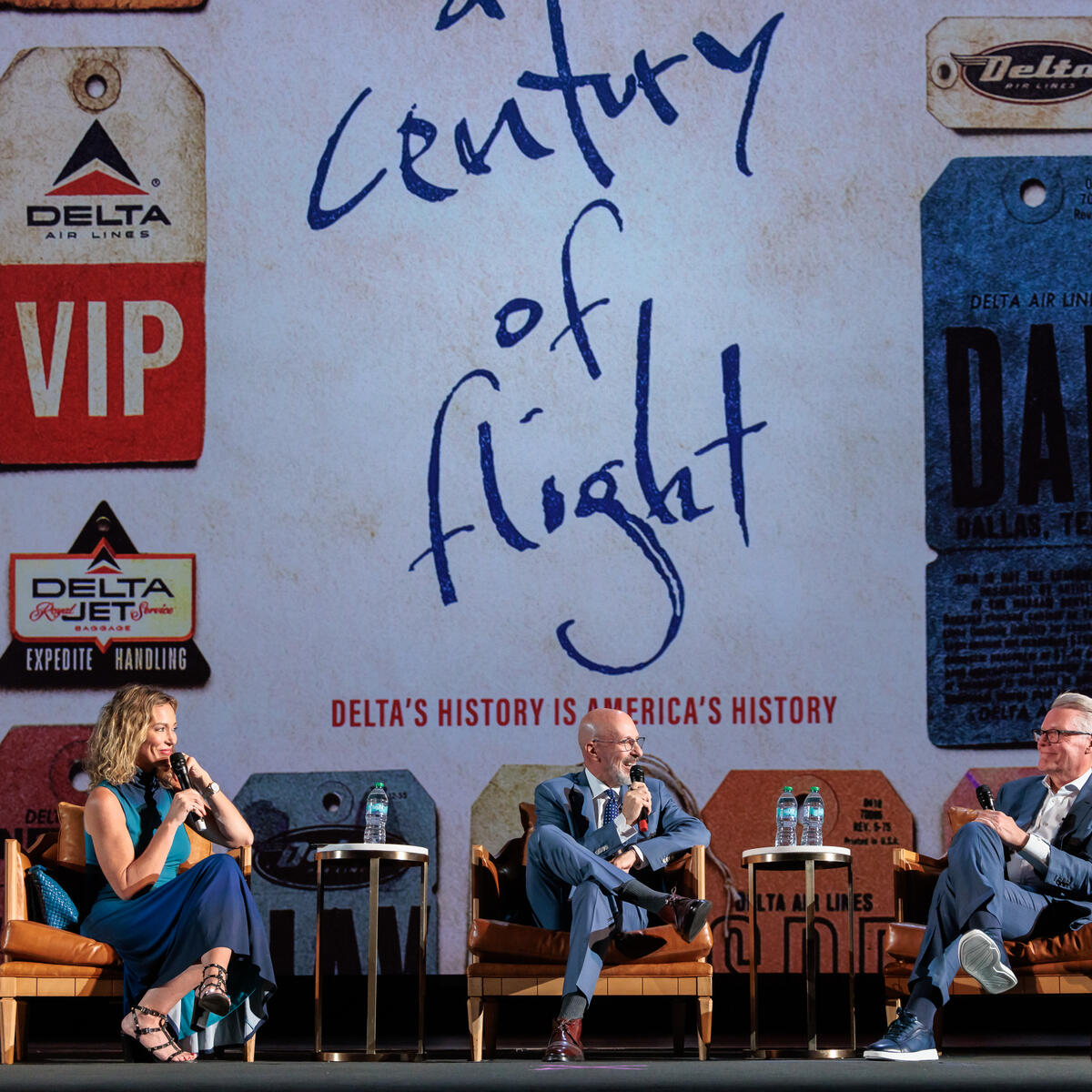 Journalist Brooke Baldwin, director & producer Joshua Seftel and Delta CEO Ed Bastian on stage discussing the film. 
