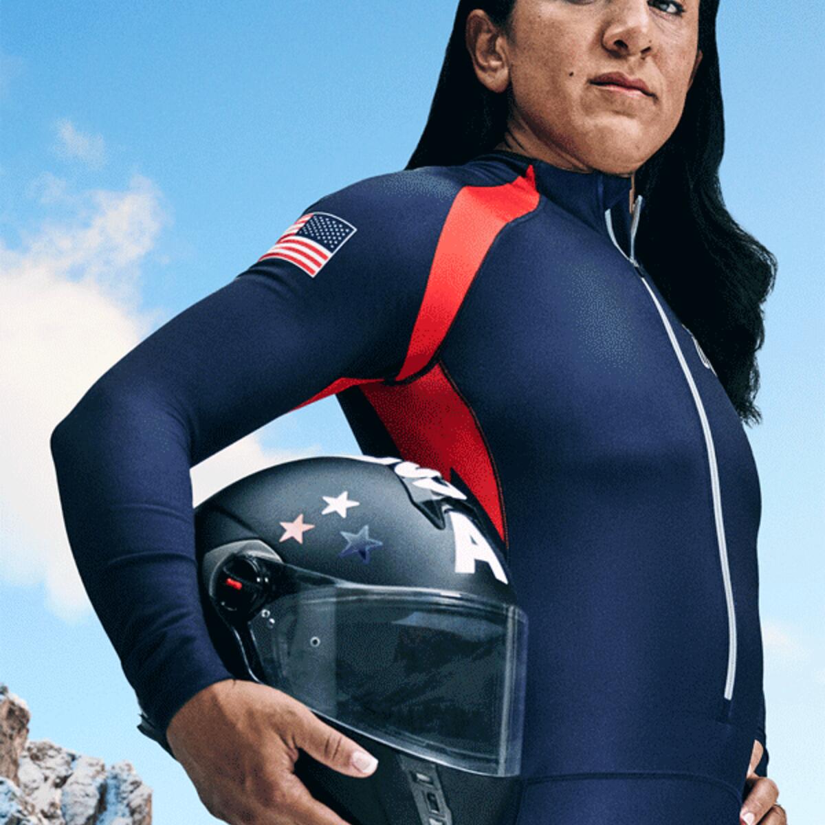 Elana Meyers Taylor posing with bobsled helmet