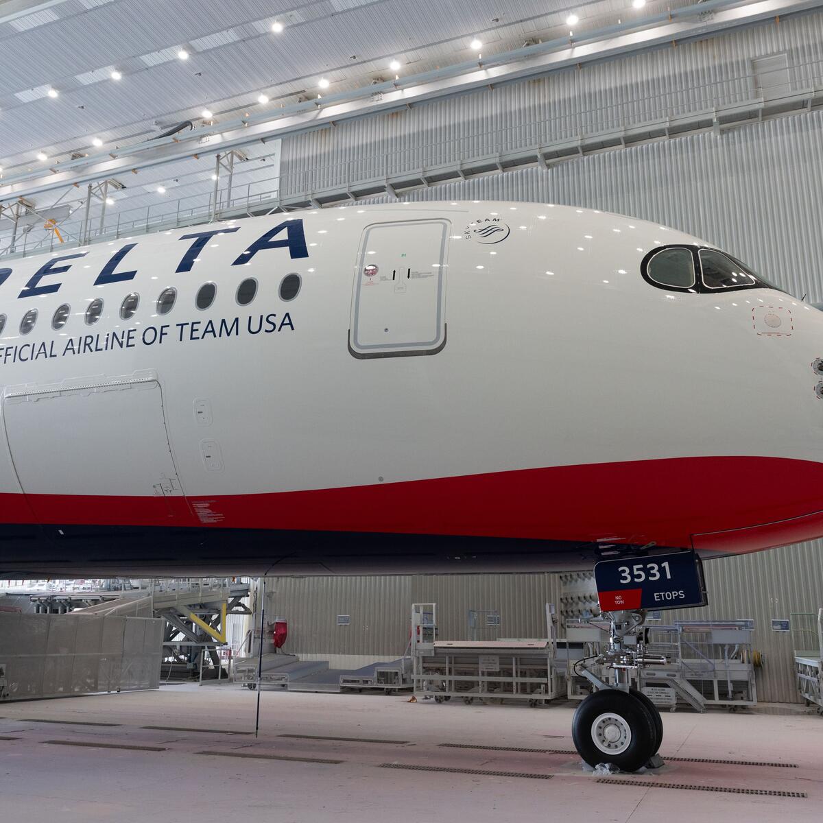 Front end of Delta plane with Team USA livery, parked in hangar.
