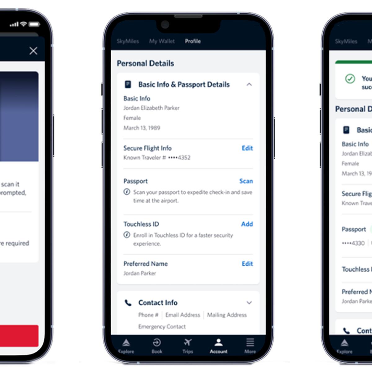 Three app screens showing passport scan prompt, personal details form, and confirmation message.