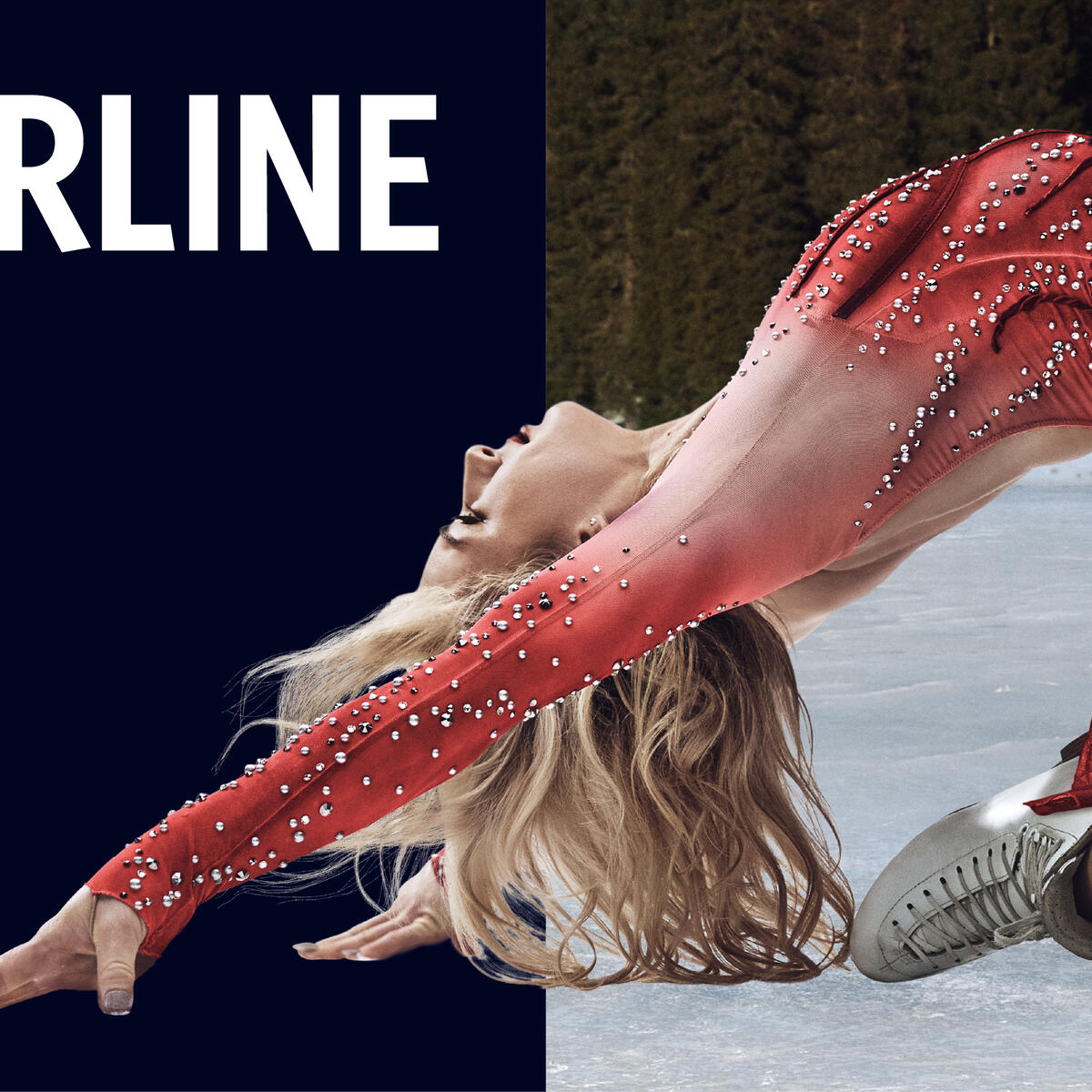 Promotional graphic with text reading ‘The Official Airline of Team USA’ and ‘Amber Glenn – Figure Skating,’ along with Delta, Olympic and Paralympic logos. On the right, figure skater in red costume performs deep backbend pose on an outdoor ice rink