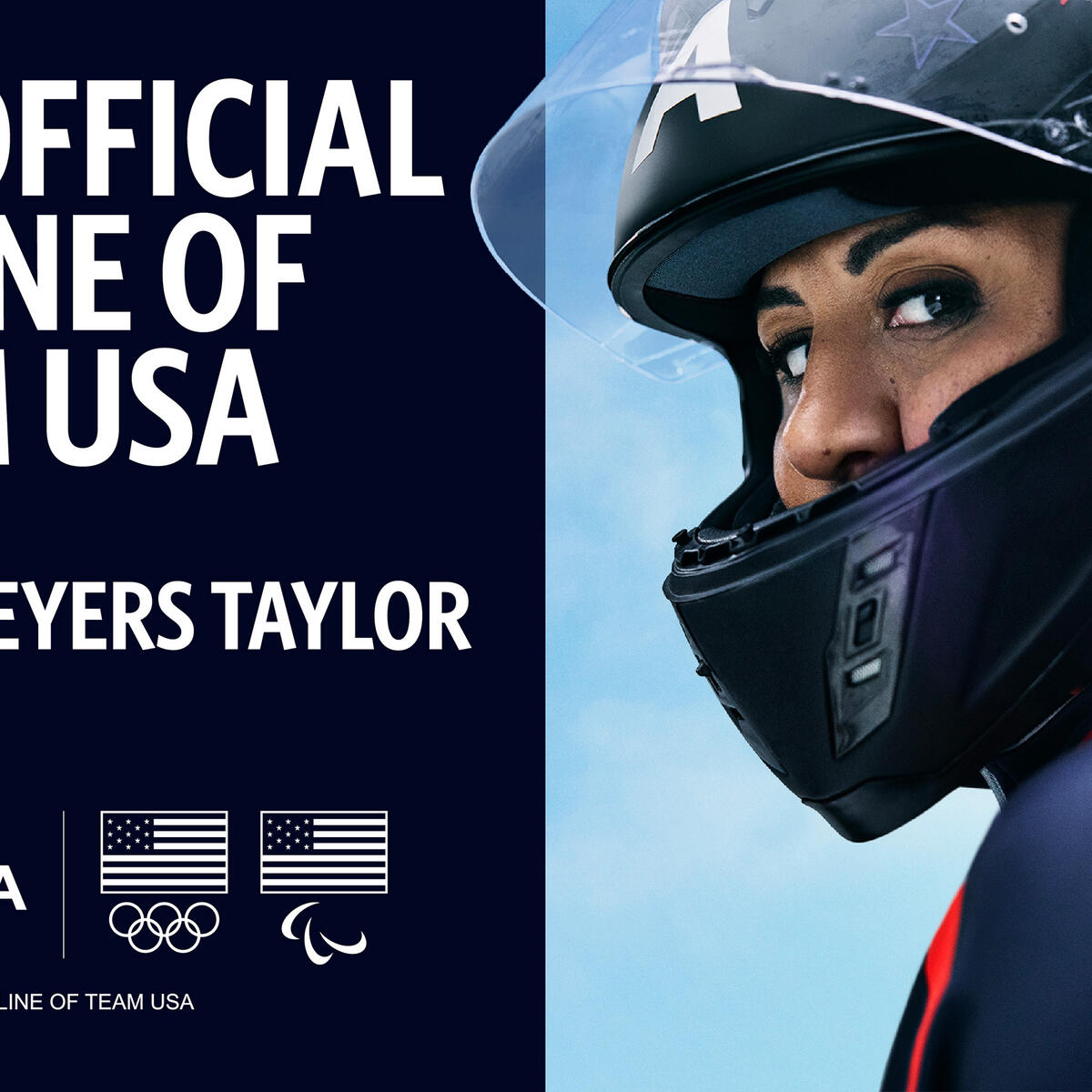 Promotional graphic with text reading ‘The Official Airline of Team USA’ and ‘Elana Meyers Taylor – Bobsled,’ alongside Delta, Olympic, and Paralympic logos. Bobsled athlete in a helmet and suit on right side of the image