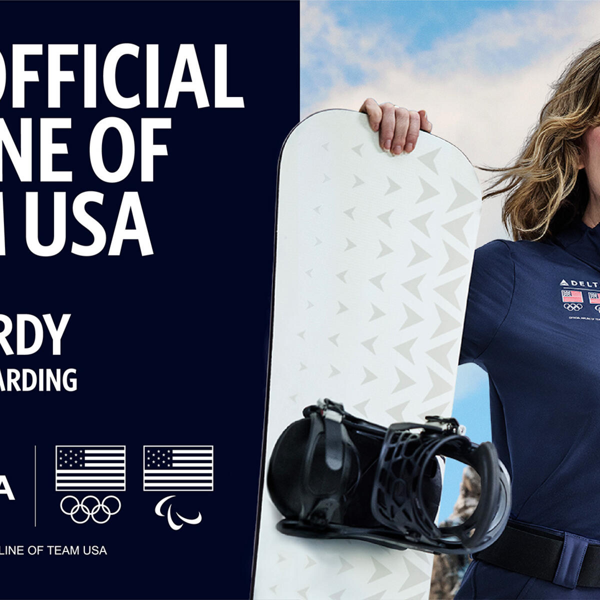 Promotional graphic with text reading ‘The Official Airline of Team USA’ and ‘Amy Purdy – Para Snowboarding,’ along with Delta, Olympic and Paralympic logos. On the right, athlete in navy jacket holds a snowboard against a snowy mountain backdrop