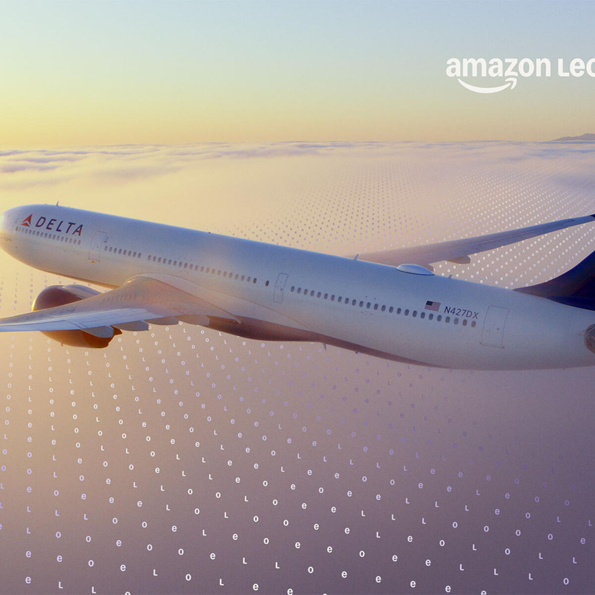 A Delta jet flies above a cloud layer at sunset, with a faint digital grid pattern overlaid across the sky.