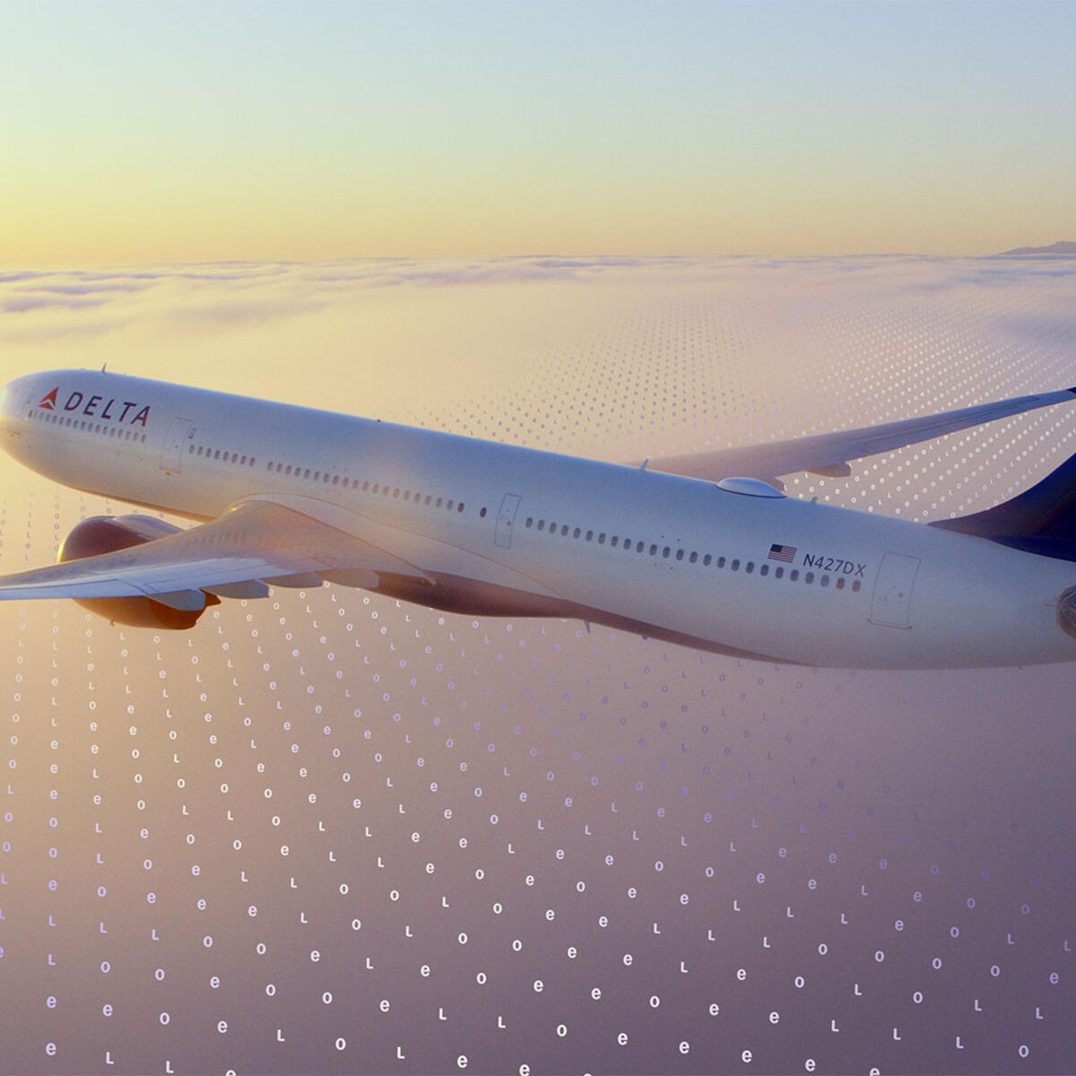 A Delta jet flies above a cloud layer at sunset, with a faint digital grid pattern overlaid across the sky.