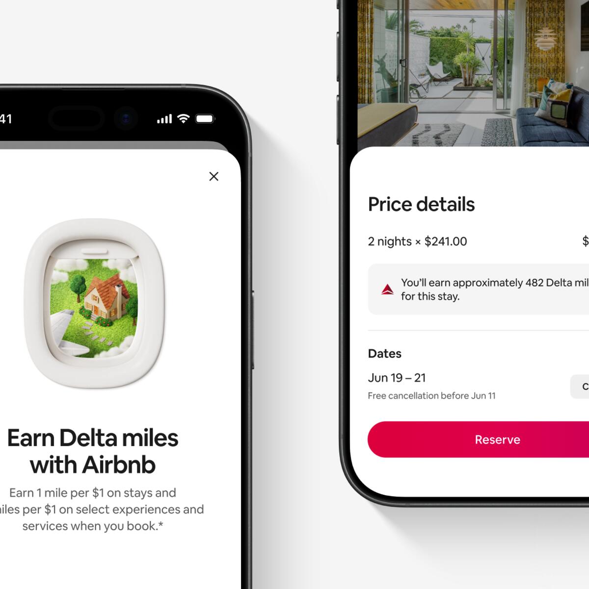 Two smartphone screens showing an Airbnb booking flow highlighting earning Delta miles and price details for a stay.