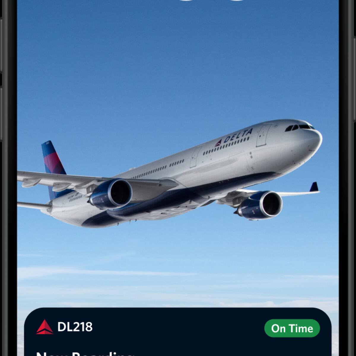 Smartphone lock screen showing a Delta airplane in flight with a notification reading “DL218 Now Boarding,” marked “On Time,” and the time displayed as 4:00 on Sunday, June 7.