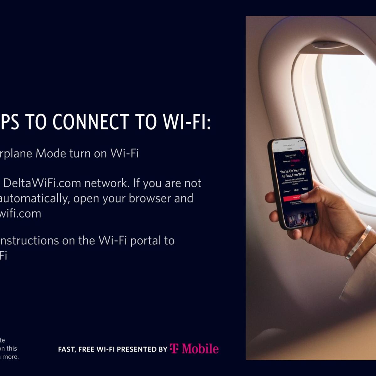 Graphic showing “3 Easy Steps to Connect to Wi‑Fi” alongside a photo of a passenger using a laptop and headphones in an airplane seat, with seatback screens visible.