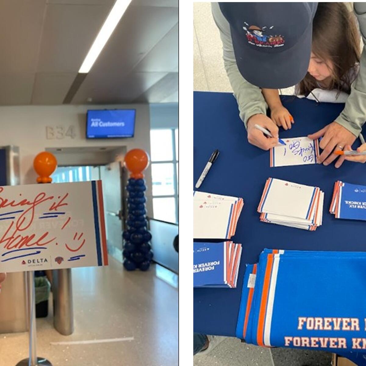 Split image: left shows a hand holding a “Bring It Home” Delta/Knicks postcard at an airport gate with orange and blue decorations; right shows people writing messages on similar postcards at a table with stacks of cards and blue towels reading “Forever Fly, Forever Knicks.” 